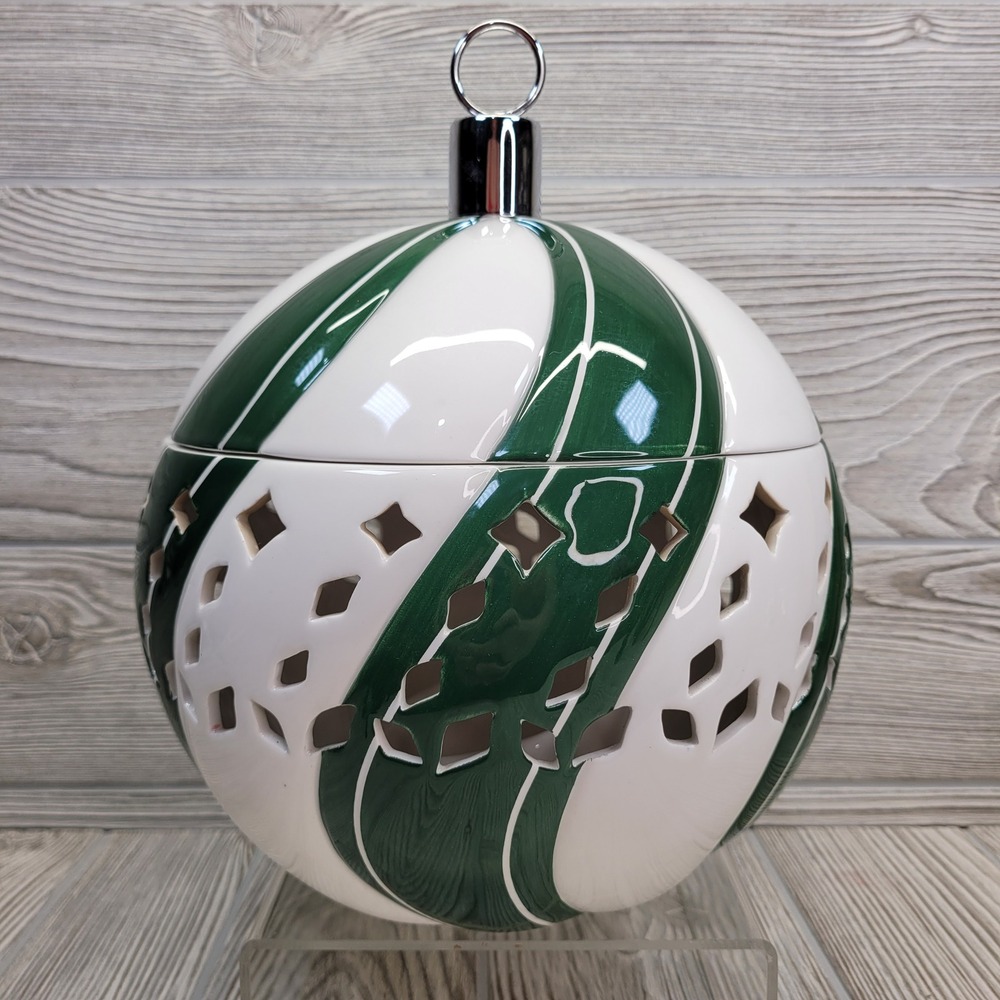 Slatkin‎ Candle Luminary Christmas Green White Striped Ornament Ceramic